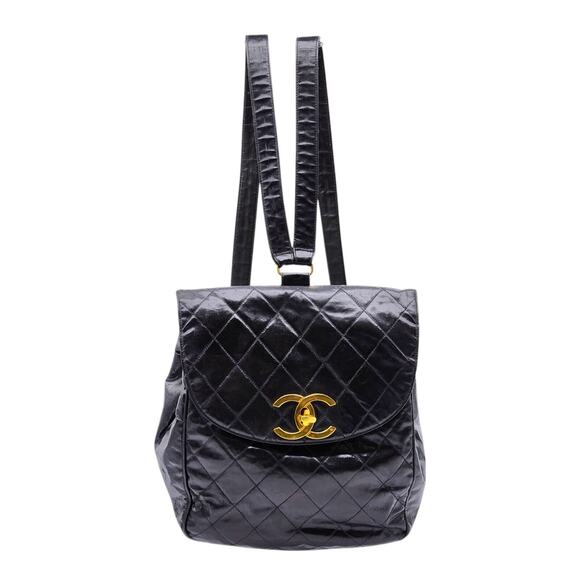 CHANEL Duma CC Logo Quilted Patent Leather Backpack in Black - vintage - Picture 1 of 16